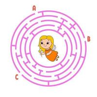 Circle maze. Game for kids. Puzzle for children. Round labyrinth conundrum. Color vector illustration. Find the right path. The development of logical and spatial thinking. Education worksheet.