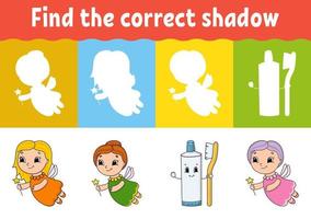 Find the correct shadow. Education developing worksheet. Matching game for kids. Activity page. Puzzle for children. Riddle for preschool. Cute character. Isolated vector illustration. Cartoon style.