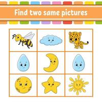 Find two same pictures. Task for kids. Education developing worksheet. Activity page. Game for children. Funny character. Isolated vector illustration. Cartoon style.