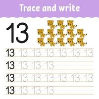 Trace and write. Handwriting practice. Learning numbers for kids. Education developing worksheet. Activity page. Game for toddlers and preschoolers. Isolated vector illustration in cute cartoon style.