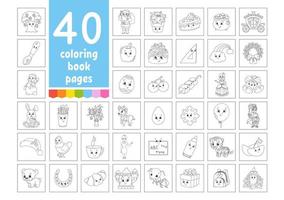 A large set of coloring books for children. Cute cartoon characters. Pages for coloring. Christmas, summer, animals, vegetables, food, easter. Vector illustration isolated on white background.