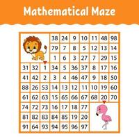 Mathematical maze. Game for kids. Funny labyrinth. Education developing worksheet. Activity page. Puzzle for children. Cartoon style. Riddle for preschool. Logical conundrum. Color vector illustration