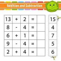 Addition and subtraction. Task for kids. Education developing worksheet. Activity page. Game for children. Funny character. Isolated vector illustration. Cartoon style.