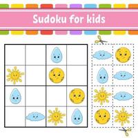 sudoku para niños. hoja de trabajo de desarrollo educativo. página de actividades con imágenes. juego de rompecabezas para niños. entrenamiento del pensamiento lógico. ilustración vectorial aislada. personaje divertido. estilo de dibujos animados. vector