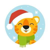 Tiger simbol in a santa hat. Cartoon character. Colorful vector illustration. Isolated on color background. Design element. Template for your design, books, stickers, cards.