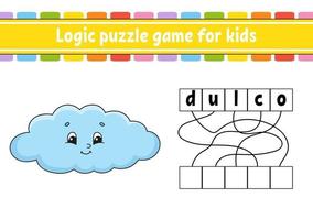 Logic puzzle game. Learning words for kids. Find the hidden name. Education developing worksheet. Activity page for study English. Game for children. Isolated vector illustration. Cartoon style.