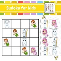 sudoku para niños. hoja de trabajo de desarrollo educativo. página de actividades con imágenes. juego de rompecabezas para niños. entrenamiento del pensamiento lógico. ilustración vectorial aislada. personaje divertido. estilo de dibujos animados. vector