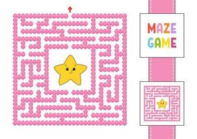 Funny square maze. Game for kids. Puzzle for children. Cartoon style. Labyrinth conundrum with character. Color vector illustration. Find the right path. With answer.
