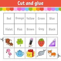 Cut and glue. Learning color games for preschool. Activity worksheet for kids. Game for children. Cartoon character. Vector illustration.