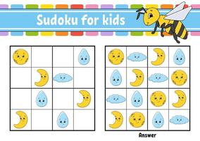 sudoku para niños. hoja de trabajo de desarrollo educativo. página de actividades con imágenes. juego de rompecabezas para niños. entrenamiento del pensamiento lógico. ilustración vectorial aislada. personaje divertido. estilo de dibujos animados. vector