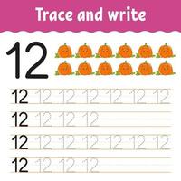 Trace and write. Handwriting practice. Learning numbers for kids. Education developing worksheet. Activity page. Game for toddlers and preschoolers. Isolated vector illustration in cute cartoon style.
