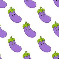 Happy eggplant. Colored seamless pattern with cute cartoon character. Simple flat vector illustration isolated on white background. Design wallpaper, fabric, wrapping paper, covers, websites.