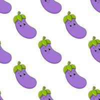 Happy eggplant. Colored seamless pattern with cute cartoon character. Simple flat vector illustration isolated on white background. Design wallpaper, fabric, wrapping paper, covers, websites.