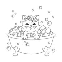 A cute kitten sits in a bubble bath. Coloring book page for kids. Cartoon style character. Vector illustration isolated on white background.