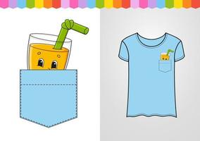 A glass of juice in shirt pocket. Cute character. Colorful vector illustration. Cartoon style. Isolated on white background. Design element. Template for your shirts, books, stickers, cards, posters.