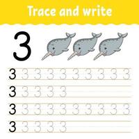 Trace and write. Handwriting practice. Learning numbers for kids. Education developing worksheet. Activity page. Game for toddlers and preschoolers. Isolated vector illustration in cute cartoon style.