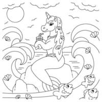 lindo unicornio sirena bebe jugo. página de libro para colorear para niños. personaje de estilo de dibujos animados. ilustración vectorial aislado sobre fondo blanco. vector