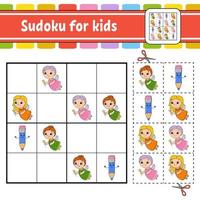 Sudoku for kids. Education developing worksheet. Activity page with pictures. Puzzle game for children. Logical thinking training. Isolated vector illustration. Funny character. Cartoon style.