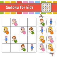 sudoku para niños. hoja de trabajo de desarrollo educativo. página de actividades con imágenes. juego de rompecabezas para niños. entrenamiento del pensamiento lógico. ilustración vectorial aislada. personaje divertido. estilo de dibujos animados. vector