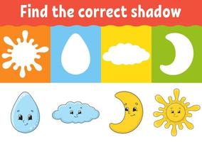 Find the correct shadow. Education developing worksheet. Matching game for kids. Activity page. Puzzle for children. Riddle for preschool. Cute character. Isolated vector illustration. Cartoon style.