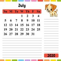 Calendar for 2020 with a cute character. Fun and bright design. Isolated vector illustration. Cartoon style.