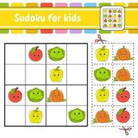 sudoku para niños. hoja de trabajo de desarrollo educativo. página de actividades con imágenes. juego de rompecabezas para niños. entrenamiento del pensamiento lógico. ilustración vectorial aislada. personaje divertido. estilo de dibujos animados. vector