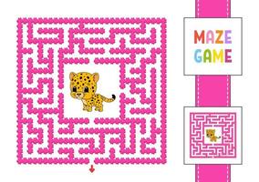 Funny square maze. Game for kids. Puzzle for children. Cartoon style. Labyrinth conundrum with character. Color vector illustration. Find the right path. With answer.