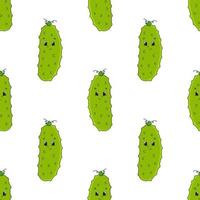 Happy cucumber. Colored seamless pattern with cute cartoon character. Simple flat vector illustration isolated on white background. Design wallpaper, fabric, wrapping paper, covers, websites.
