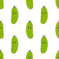 Happy cucumber. Colored seamless pattern with cute cartoon character. Simple flat vector illustration isolated on white background. Design wallpaper, fabric, wrapping paper, covers, websites.