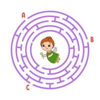 Circle maze. Game for kids. Puzzle for children. Round labyrinth conundrum. Color vector illustration. Find the right path. The development of logical and spatial thinking. Education worksheet.