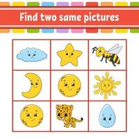 Find two same pictures. Task for kids. Education developing worksheet. Activity page. Game for children. Funny character. Isolated vector illustration. Cartoon style.