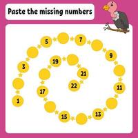 Paste the missing numbers. Handwriting practice. Learning numbers for kids. Education developing worksheet. Activity page. Game for children. Isolated vector illustration in cute cartoon style.