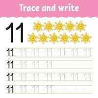 Trace and write. Handwriting practice. Learning numbers for kids. Education developing worksheet. Activity page. Game for toddlers and preschoolers. Isolated vector illustration in cute cartoon style.