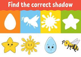 Find the correct shadow. Education developing worksheet. Matching game for kids. Activity page. Puzzle for children. Riddle for preschool. Cute character. Isolated vector illustration. Cartoon style.