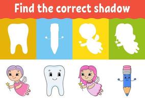 Find the correct shadow. Education developing worksheet. Matching game for kids. Activity page. Puzzle for children. Riddle for preschool. Cute character. Isolated vector illustration. Cartoon style.