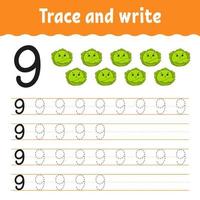 Trace and write. Handwriting practice. Learning numbers for kids. Education developing worksheet. Activity page. Game for toddlers and preschoolers. Isolated vector illustration in cute cartoon style.