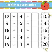 Addition and subtraction. Task for kids. Education developing worksheet. Activity page. Game for children. Funny character. Isolated vector illustration. Cartoon style.