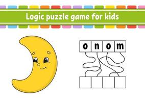 Logic puzzle game. Learning words for kids. Find the hidden name. Education developing worksheet. Activity page for study English. Game for children. Isolated vector illustration. Cartoon style.