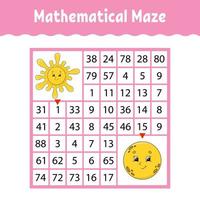 Mathematical colored square maze. Education developing worksheet. Game for kids. Puzzle for children. The study of numbers. Labyrinth conundrum. Flat vector illustration isolated on white background