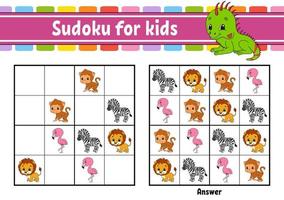 sudoku para niños. hoja de trabajo de desarrollo educativo. página de actividades con imágenes. juego de rompecabezas para niños. entrenamiento del pensamiento lógico. ilustración vectorial aislada. personaje divertido. estilo de dibujos animados. vector