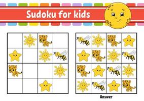 sudoku para niños. hoja de trabajo de desarrollo educativo. página de actividades con imágenes. juego de rompecabezas para niños. entrenamiento del pensamiento lógico. ilustración vectorial aislada. personaje divertido. estilo de dibujos animados. vector