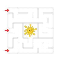 Funny square maze. Game for kids. Puzzle for children. Cartoon style. Labyrinth conundrum. Color vector illustration. Find the right path. The development of logical and spatial thinking.