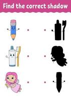 Find the correct shadow. Draw a line. Education developing worksheet. Game for kids. Activity page. Puzzle for children. Riddle for preschool. Isolated vector illustration. Cartoon style.