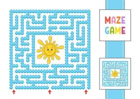 Funny square maze. Game for kids. Puzzle for children. Cartoon style. Labyrinth conundrum with character. Color vector illustration. Find the right path. With answer.