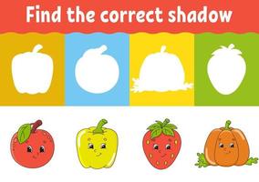 Find the correct shadow. Education developing worksheet. Matching game for kids. Activity page. Puzzle for children. Riddle for preschool. Cute character. Isolated vector illustration. Cartoon style.