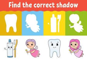 Find the correct shadow. Education developing worksheet. Matching game for kids. Activity page. Puzzle for children. Riddle for preschool. Cute character. Isolated vector illustration. Cartoon style.