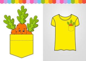 Orange carrot in shirt pocket. Cute character. Colorful vector illustration. Cartoon style. Isolated on white background. Design element. Template for your shirts, books, stickers, cards, posters.