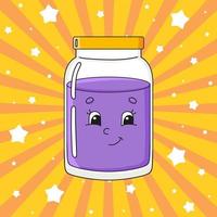 Glass jar of jam. Cute character. Colorful vector illustration. Cartoon style. Isolated on color background. Design element. Template for your design, books, stickers, cards, posters, clothes.