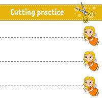 Cutting practice for kids. Education developing worksheet. Activity page with pictures. Game for children. Isolated vector illustration. Funny character. Cartoon style.