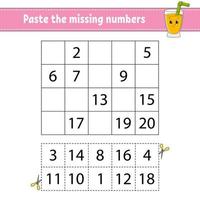 Paste the missing numbers. Handwriting practice. Learning numbers for kids. Education developing worksheet. Activity page. Game for children. Isolated vector illustration in cute cartoon style.